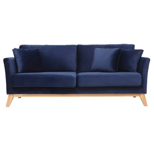 Canapé scandinave déhoussable 3 places en tissu velours bleu nuit et bois clair OSLO