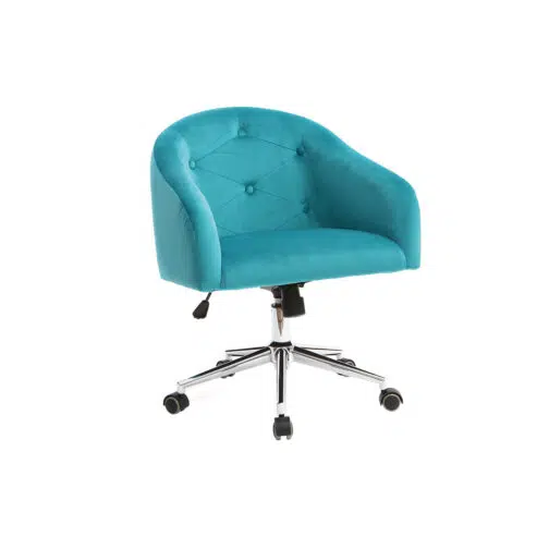 Chaise de bureau à roulettes capitonnée en tissu velours bleu azur et acier chromé SHARON