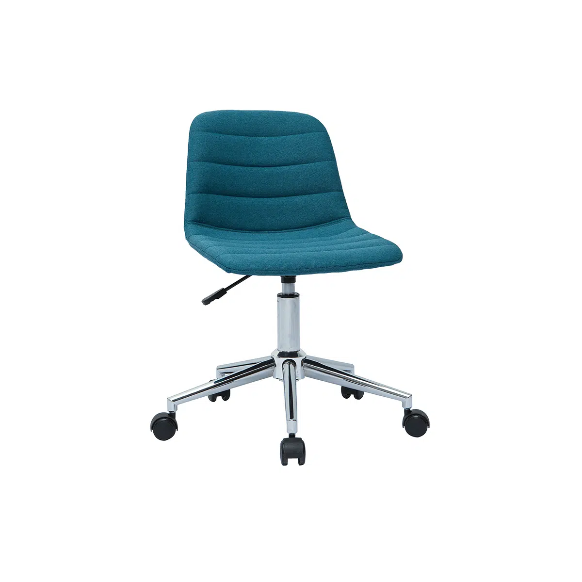 Chaise de bureau à roulettes design en tissu bleu canard et acier chromé SAURY