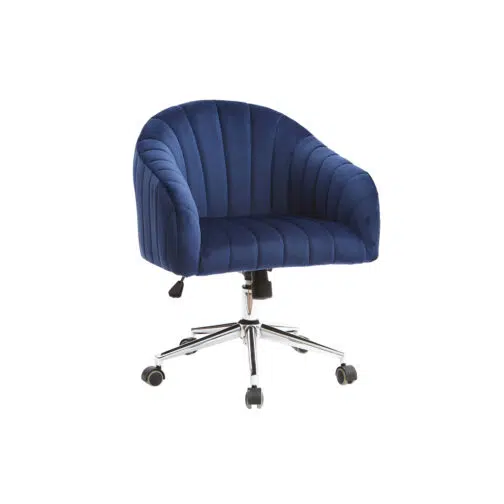 Chaise de bureau à roulettes en tissu velours bleu foncé et acier chromé ROMI