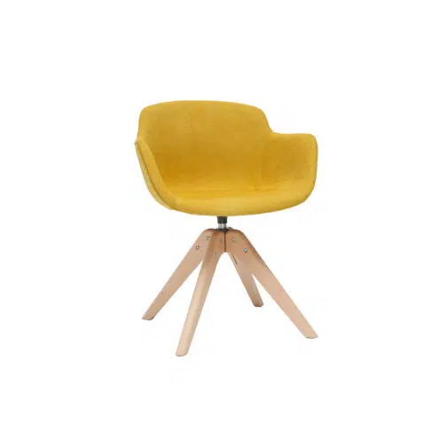 Chaise design en tissu effet velours jaune moutarde et bois clair massif AARON