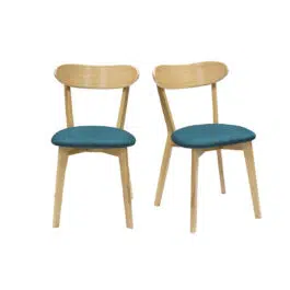 Chaises vintage bois clair chêne et tissu bleu paon (lot de 2) DOVE