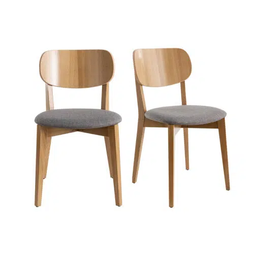 Chaises vintage en bois chêne clair et assise en tissu gris clair (lot de 2) LUCIA