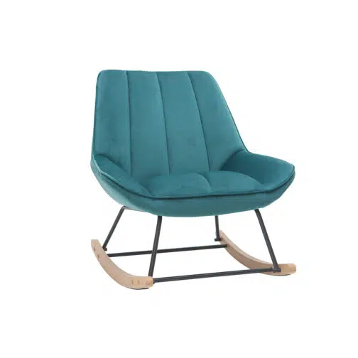 Rocking chair design en tissu velours bleu pétrole