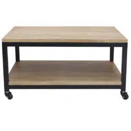 Table basse à roulettes industrielle bois clair manguier massif et métal noir L90 cm FACTORY