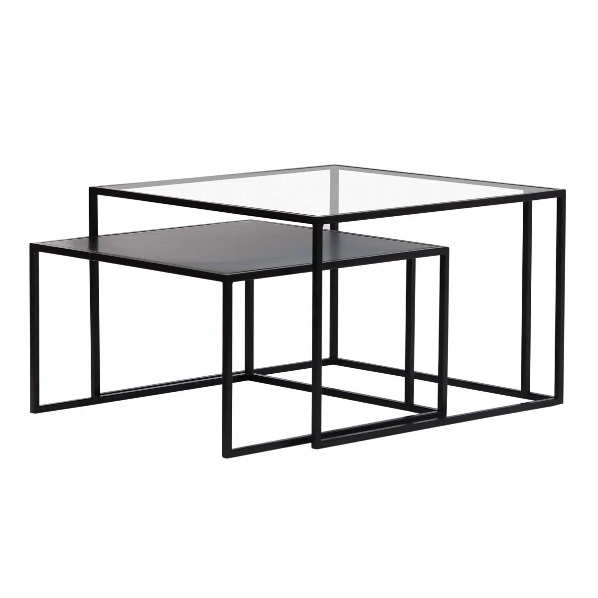 Tables basses gigognes carrées design verre trempé et métal noir (lot de 2) TAHL
