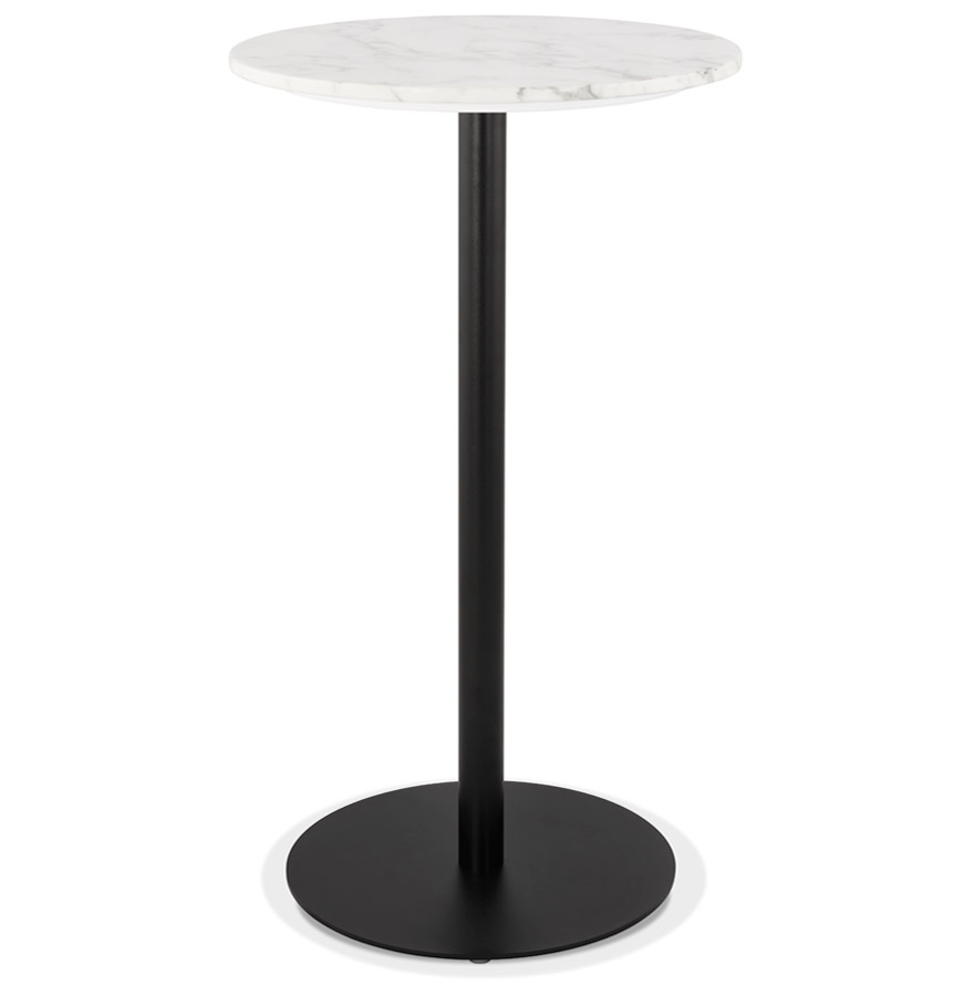 Table haute ronde 'CORY ROUND' en pierre blanche effet marbre et métal noir - 60x60 cm